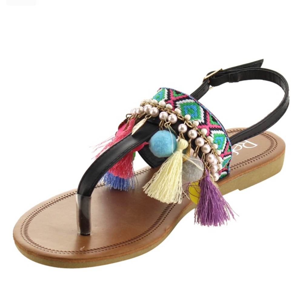 Faux Leather Vegan Friendly Pom Pom Tassel Sandals